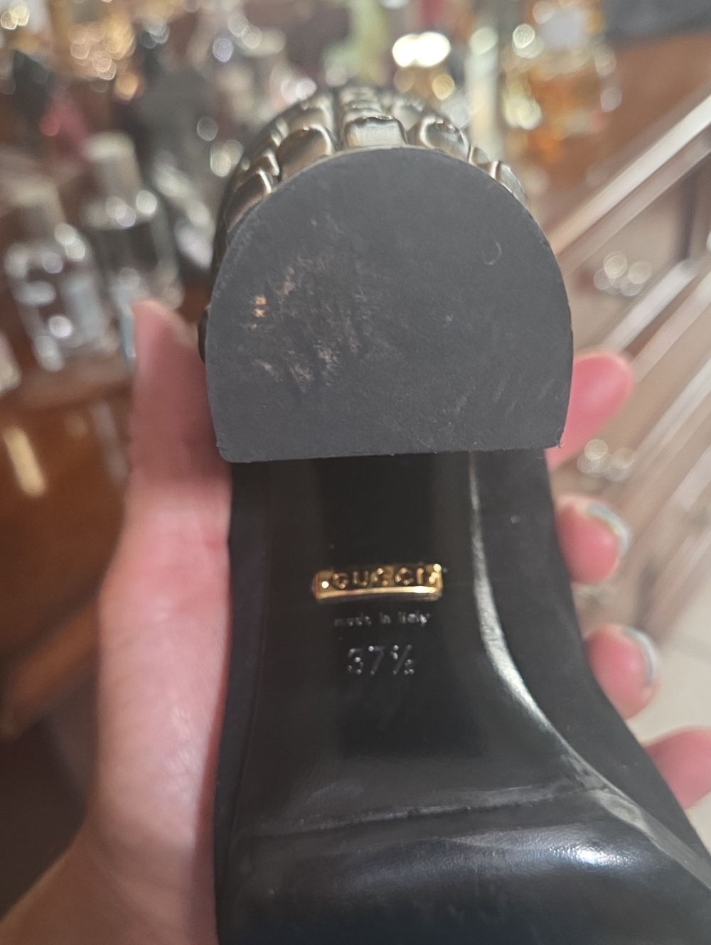 Gucci Black Bamboo Heel with Gold Logo Plaque